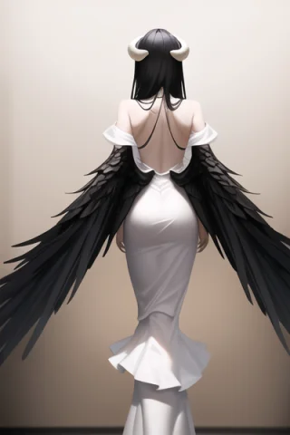 Full Body, Woman, View From Back Side, White Horns, White Dr... — Stable Diffusion AI Prompt: full body, woman, view from back side, white horns, white dress, black wings, bl...