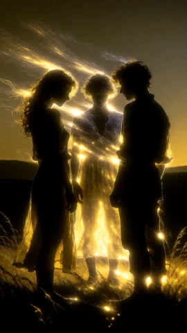 Three Figures Stand In A Circle In A Field, Their Outlines M... — Stable Diffusion AI Prompt: Three figures stand in a circle in a field, their outlines marked by stark yello...