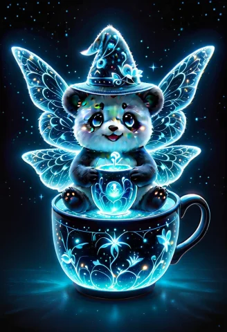 Ais-blmn, Cute Bioluminescent Panda, Whimsical, Cartoon, Vib... — SDXL AI Prompt: ais-blmn, cute bioluminescent panda, whimsical, cartoon, vibrant colors, wearing...