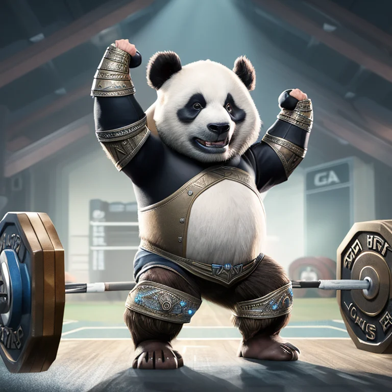 A Panda Does Weightlifting Upright Wear Viking Helmet, Weari...