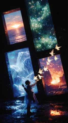 Celestial Archer Feeding Birds From Her Palm, Surrounded By... — Stable Diffusion AI Prompt: Celestial Archer feeding birds from her palm, surrounded by enormous floating ge...