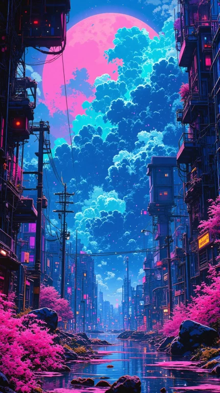 Anime Artwork Neon Eclipse Midnight In Cyber Cities, Spring...