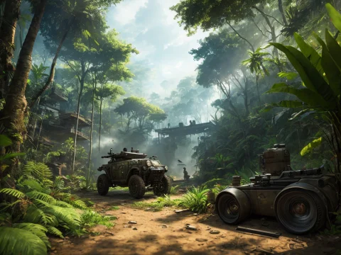 A First Person Shooter Set In The Jungle With Lots Of Videog... — Stable Diffusion AI Prompt: |a first person shooter| set in the jungle with |lots of videogame action|, |ste...