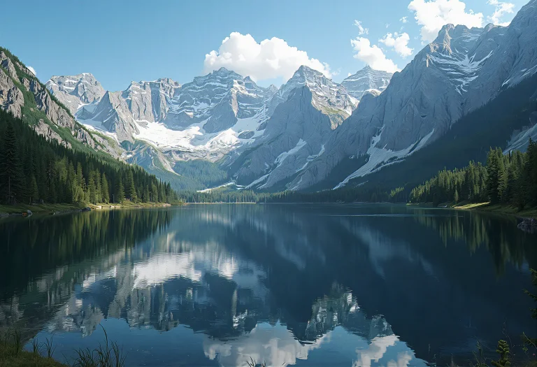 A Majestic Mountain Range With Snow-capped Peaks And Rugged...