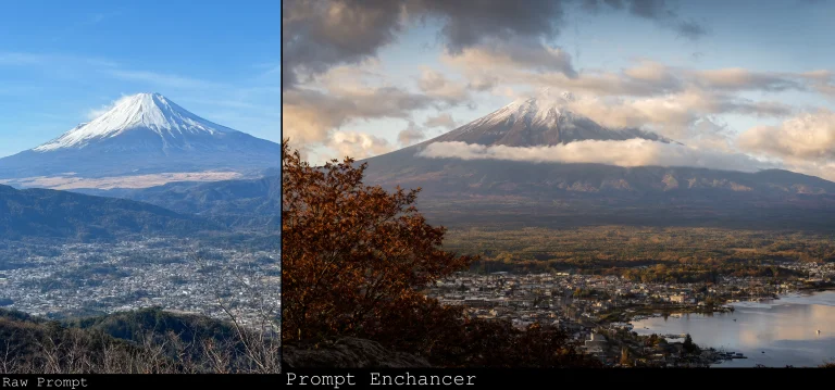 A Wide Panoramic Landscape Photograph Shows Mount Fuji Domin...