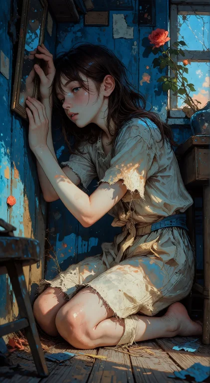 , A Tall Girl Kneels Folded Into A Room Far Too Small For He...