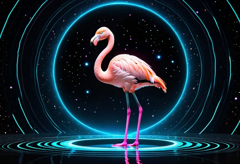 A Funny Pink Flamingo Standing On One Leg On Top Of Saturns...