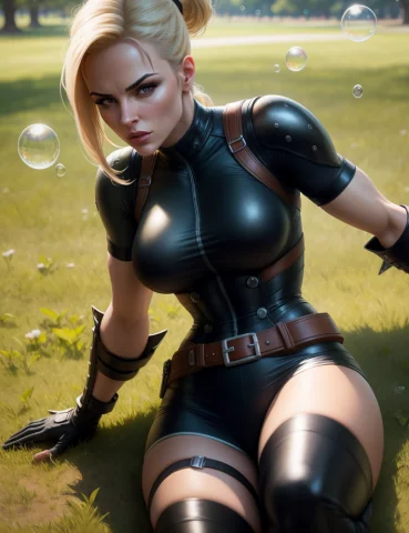 Sonya Blade Lying On The Grass And Blowing Bubbles In The Pa... — Stable Diffusion AI Prompt: Sonya Blade lying on the grass and blowing bubbles in the park, Mortal Kombat, b...