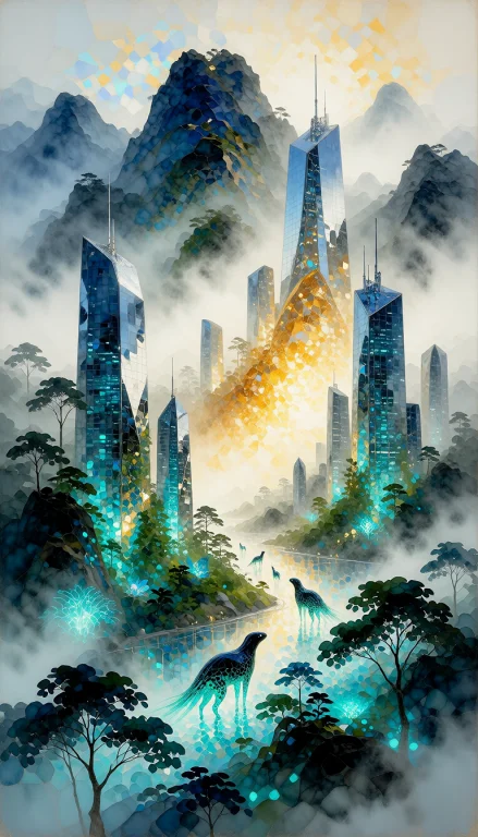 A Luminous,ethereal Painting Depicting A Futuristic Megacity...
