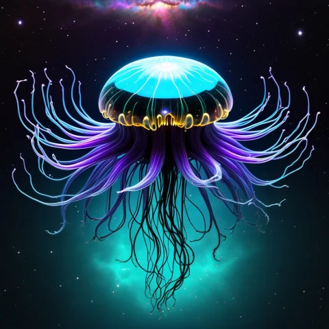 A Gigantic Translucent Cosmic Jellyfish Floating Majesticall... — SDXL AI Prompt: A gigantic translucent cosmic jellyfish floating majestically through deep space...
