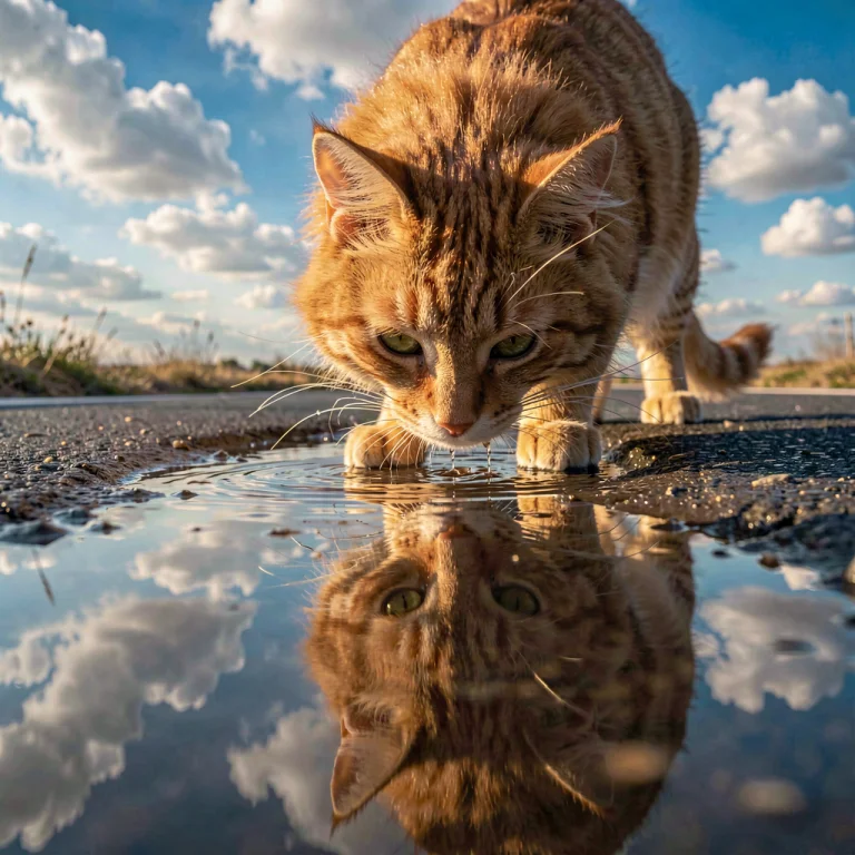 Close-up In A Puddle - Only In Delight Is A Cat Seen Drinkin...