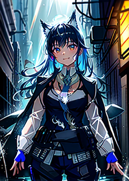 Omertosa , 1girl, Rain, Night, City, Neon Lights, Reflective...