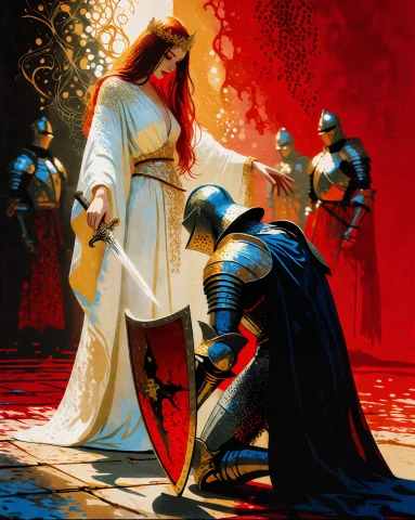 Ethrift A Woman In Long White Robes Stands In The Upper Left... — Stable Diffusion AI Prompt: / ethrift/ A woman in long white robes stands in the upper left portion of the f...