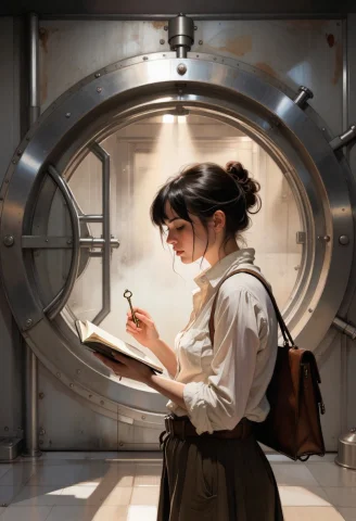 She Studies A Small Brass Key As A Giant Vault Door Looms Ou... — Stable Diffusion AI Prompt: She studies a small brass key as a giant vault door looms out of the mist behind...