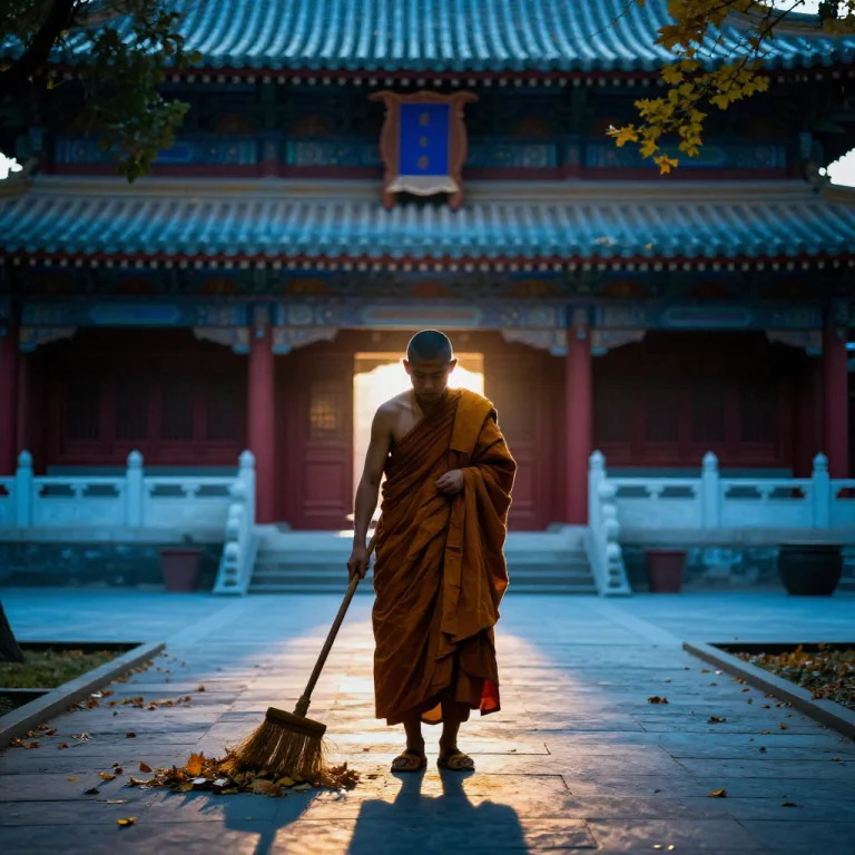 A Monk Sweeping Leaves In A Temple Courtyard, Backlit Silhou...