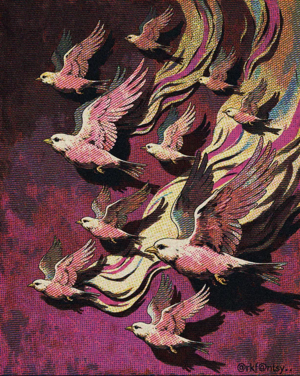 Dcdrkfntsy. A Flock Of Pale Pink And Cream Birds In Flight A...