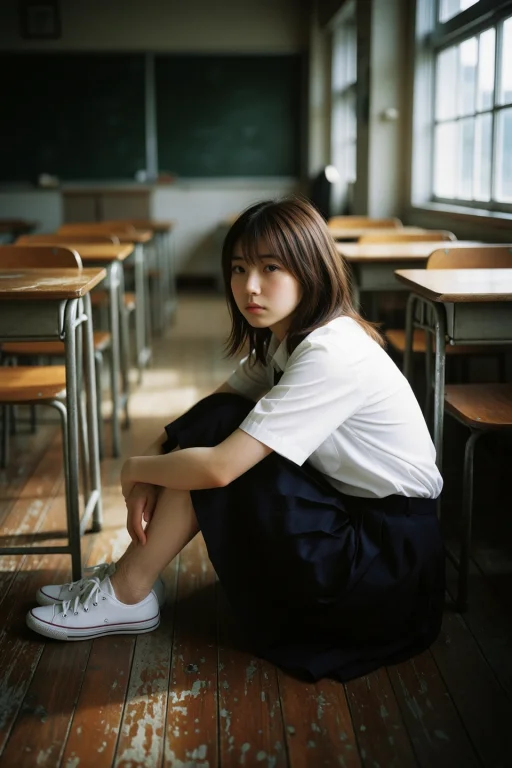 A Young Japanese Schoolgirl Sits Alone On A Worn Wooden Clas...