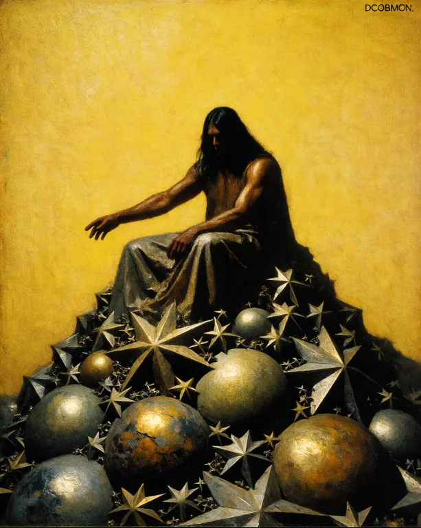 Dcobmon. A Solitary Figure With Long Dark Hair Sits Balanced...