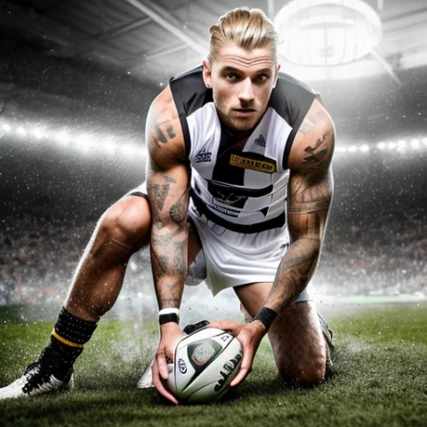 Professional Modelshoot Style Photo Athletic Australian Rule... — Stable Diffusion AI Prompt: professional modelshoot style photo athletic australian rules footballer, (long...