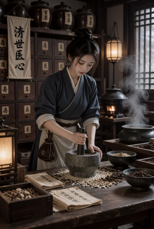 昏暗药铺的木案后,一名年轻中国女子站着捣药,腰背向前倾,低头...