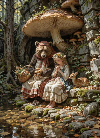 A Gentle Bear And A Young Girl, Adorned With A Floral Crown,... — Stable Diffusion AI Prompt: A gentle bear and a young girl, adorned with a floral crown, sit by a stream in...