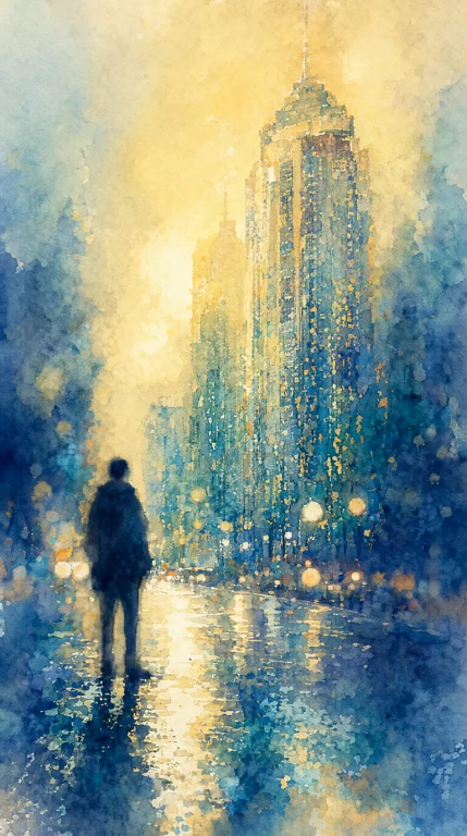 A Solitary Figure Stands On A Rain-slicked Urban Street At D...