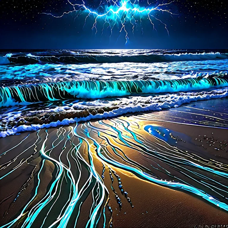 Masterpiece, Best Quality, A Midnight Ocean Beach With Glowi...