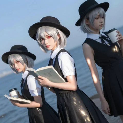Multiple Girls, Bob Cut, Silver Hair, Red Eyes, Dress, Hat,... — Stable Diffusion AI Prompt: multiple girls, bob cut, silver hair, red eyes, dress, hat, holding book, holdin...