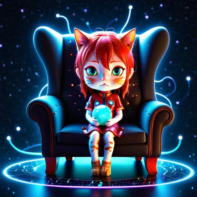 A 3d Chibi Anime Red Hair Cat Girl Sit On Cosmos Universe So...