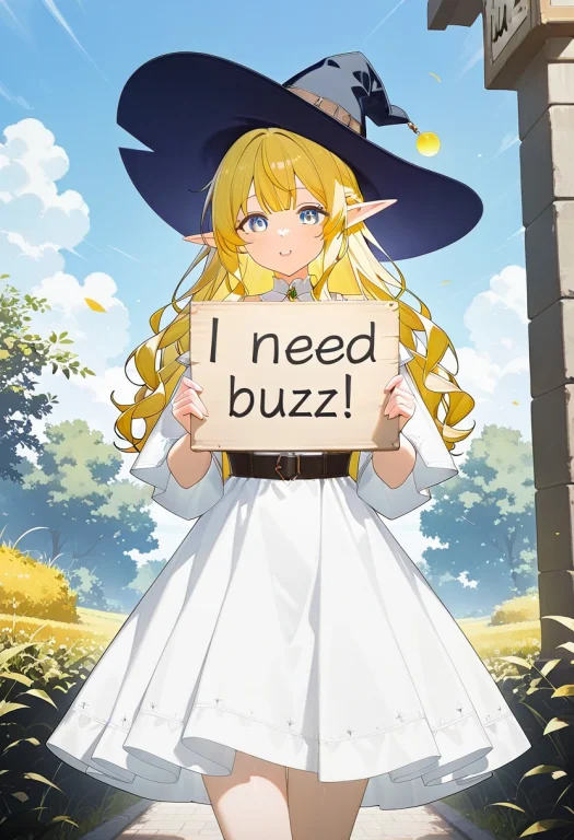 Needbuzz, Holding Sign,1girl,elf,yellow Hair,long Wavy Hair,...