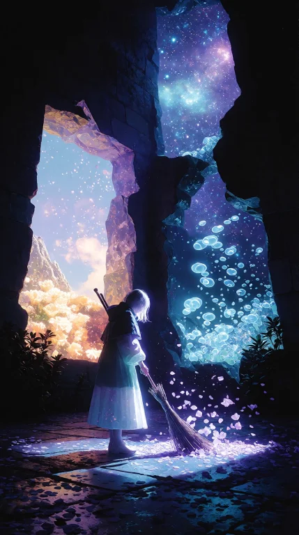 Battle Mage Carefully Sweeping Flower Petals Across An Ancie...