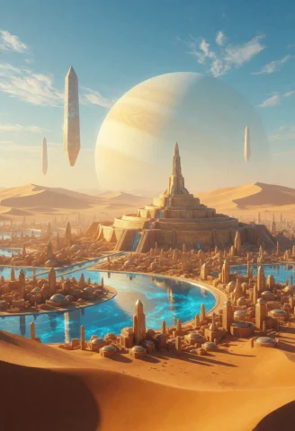 Digital Concept Art, Futuristic Desert Metropolis, Expansive... — Stable Diffusion AI Prompt: Digital concept art, futuristic desert metropolis, expansive panoramic view of a...