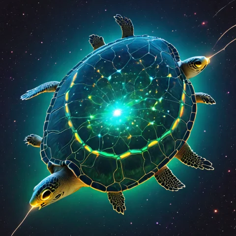 5 Turtles, 1 Large Galactic Turtle Center, 4 Smaller Turtles... — SDXL AI Prompt: 5 turtles, 1 large galactic turtle center, 4 smaller turtles orbiting center, pe...