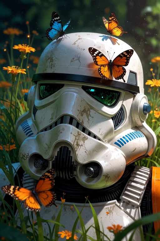 , A Stormtrooper Armor Piece Resting In A Field With Butterf...