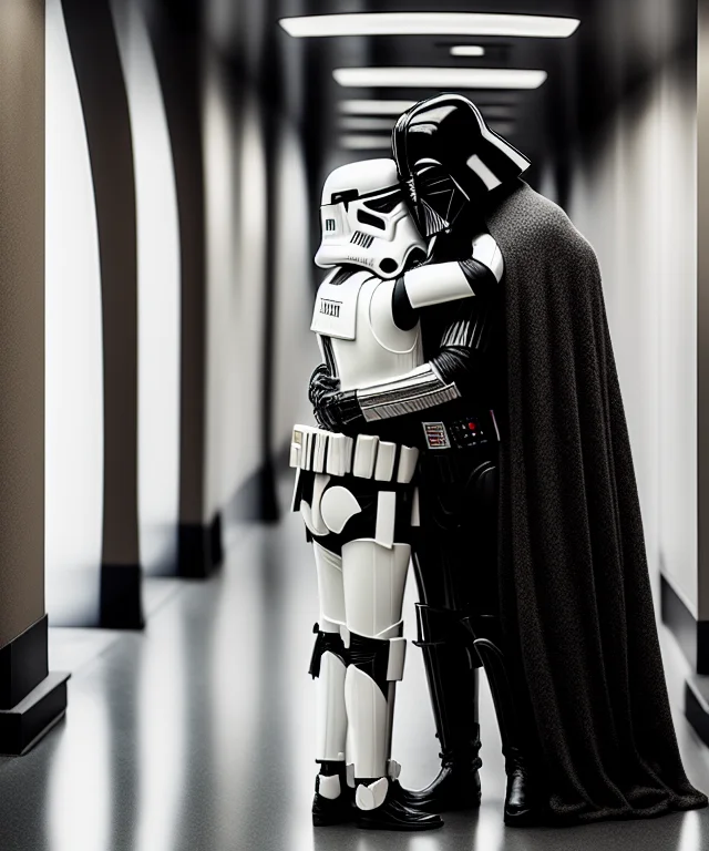 Darth Vader And A Stormtrooper Hugging, Portrait, Photograph...