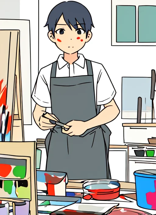 Loracartoony1 Flat Color, 1boy, Painter, Canvas, Covered In...