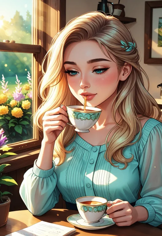 Woman Closeup, A Woman Sitting In A Vintage Caf, Sipping Tea...