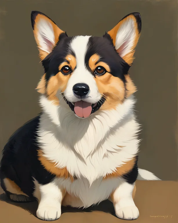 Close Up Portrait Of A Happy Corgi Dog, Dark Background, Ani...