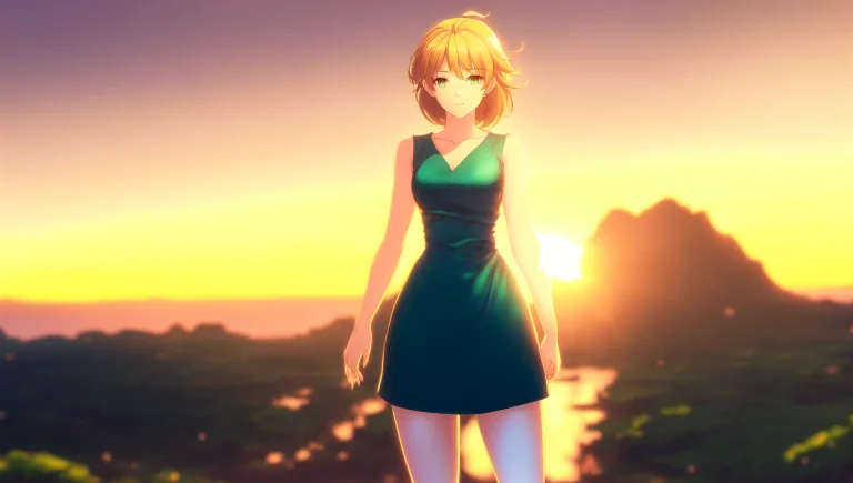 Anime, Pretty Woman In Green Dress, Sunset Horizon, Looks To...