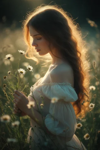Loratraining7185876-202609110614030701, Sean Archer Style, W... — Stable Diffusion AI Prompt: , Sean Archer style, woman in a daisy meadow at golden hour, backlit glow, low-s...