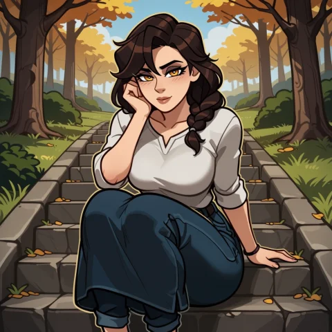 Loraanima-turbo-lora-v0.21, Loradarkergreycayianima1, Lazypo... — Stable Diffusion AI Prompt: , , lazypos, solo, 1girl, outdoors, stairs, trees, sitting on stairs
