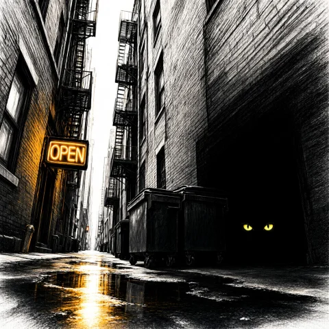Subject A Narrow City Alley After Rain With Tall Brick Walls... — Stable Diffusion AI Prompt: SUBJECT: A narrow city alley after rain with tall brick walls, staggered metal f...