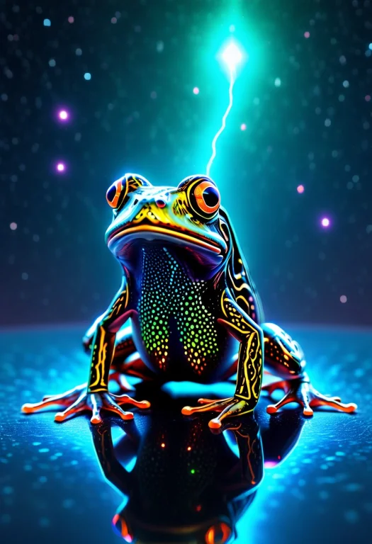 Photo-realistic A Bioluminescent Space-frog Casting A Spell...