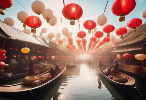 A Floating Market Of Airships And Paper Lanterns, Vintage Po... — SDXL AI Prompt: a floating market of airships and paper lanterns, vintage poster art, high key l...
