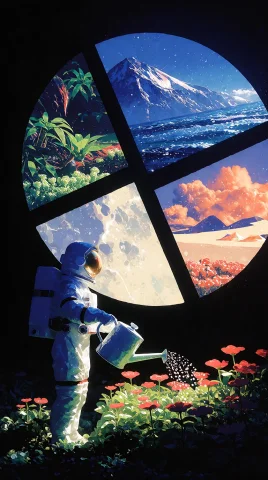 A Tiny Astronaut Watering A Floating Garden While A Giant Ge... — Stable Diffusion AI Prompt: A tiny astronaut watering a floating garden while a giant geometric moon is spli...