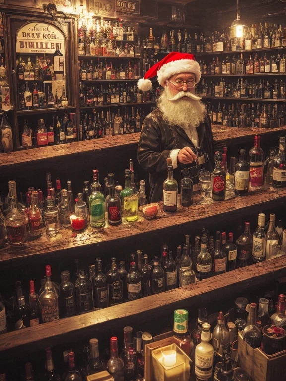Drunk, Creepy Santa, Muddy, Crowded Bottles Bar, Intricate D...