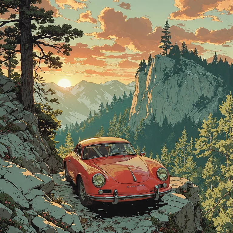 Anime Art, Full View Of A Vintage Sports Car On A Cliff, Sun...