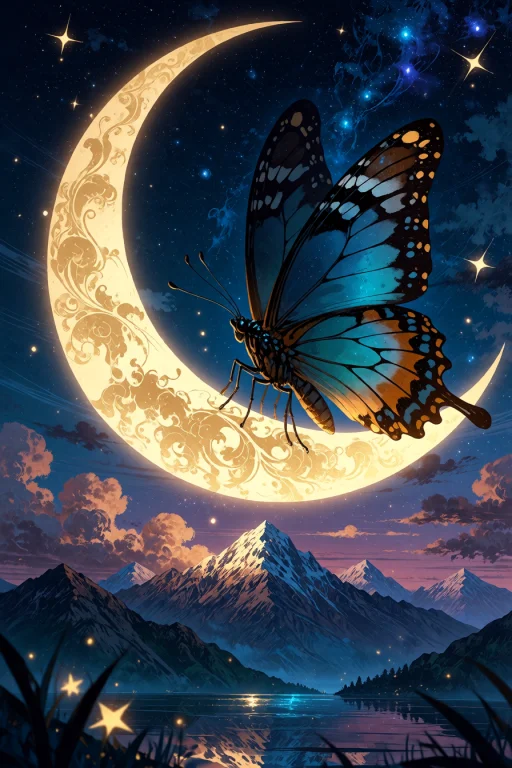 , A Butterfly Sitting On A Crescent Moon In A Starry Night S...