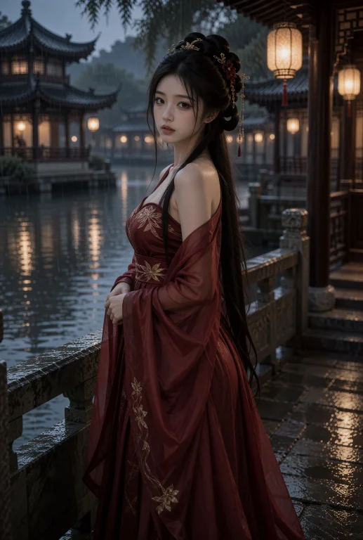 古装,夜雨后的水岸楼阁旁,一名年轻中国女子侧身站在石栏边,身...