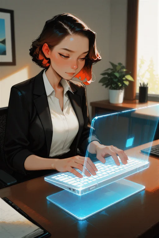 Digital Illustration, A Woman Typing On A Floating Holograph...